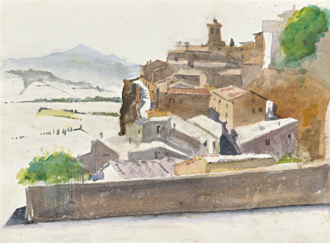 Orvieto - Aquarell Andreas Neureuther Ein Aquarellbild von Andreas Neureuther namens Orvieto. Darauf ist eine Stadt abgebildet.
